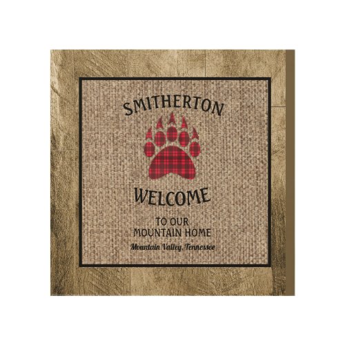 Rustic Wood Burlap Red Buffalo Plaid Bear Paw Wood Wall Art