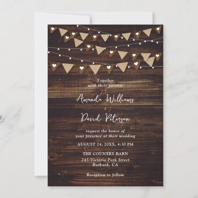 Rustic Wood Burlap String Lights Wedding Invitation (Front)