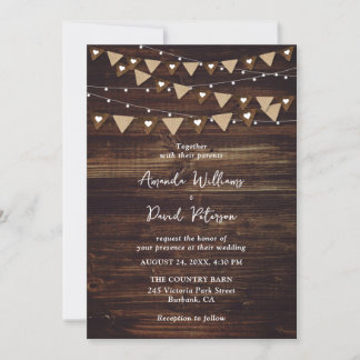 Rustic Wood Burlap String Lights Wedding Invitation