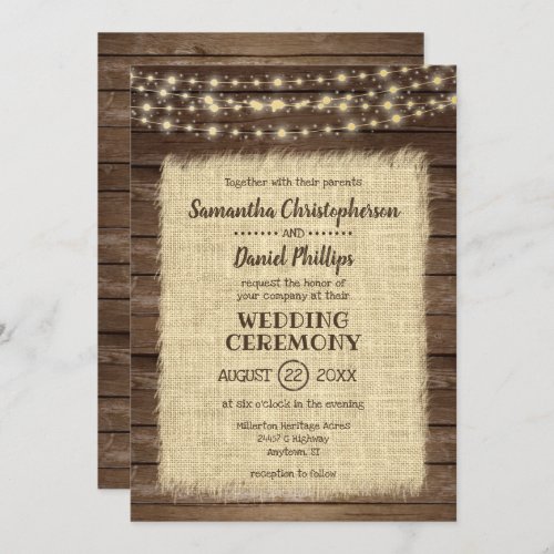 Rustic Wood Burlap  String Lights Wedding Invitation