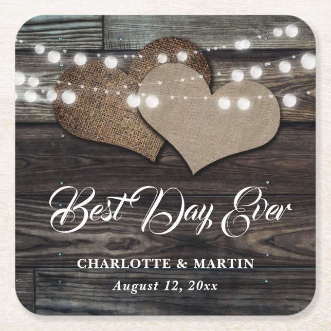 Rustic Wood Burlap String Lights Wedding Square Paper Coaster (Front)