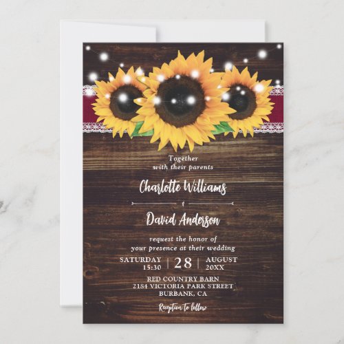 Rustic Wood Burlap Sunflower Burgundy Wedding Invitation