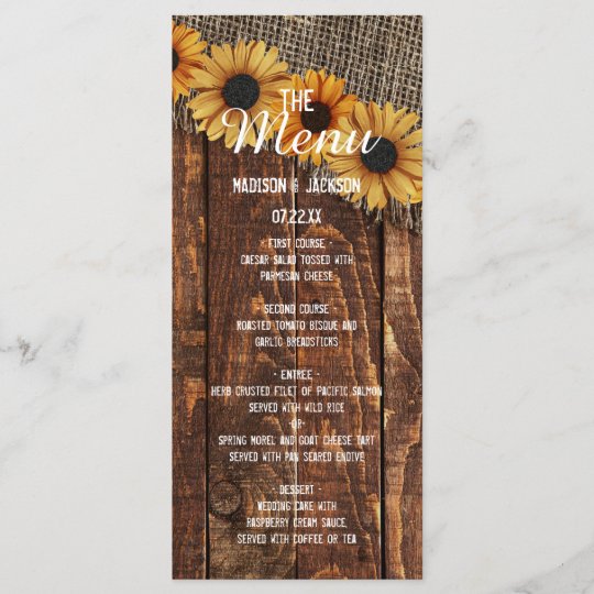 Rustic Wood Burlap Sunflower Country Wedding Menu Zazzle Com