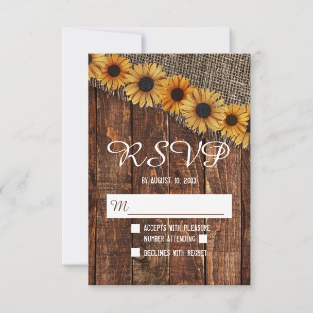 Rustic Wood Burlap Sunflower Country Wedding RSVP Card (Front)