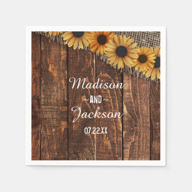 Rustic Wood & Burlap Sunflower Monogram Wedding Napkins (Front)