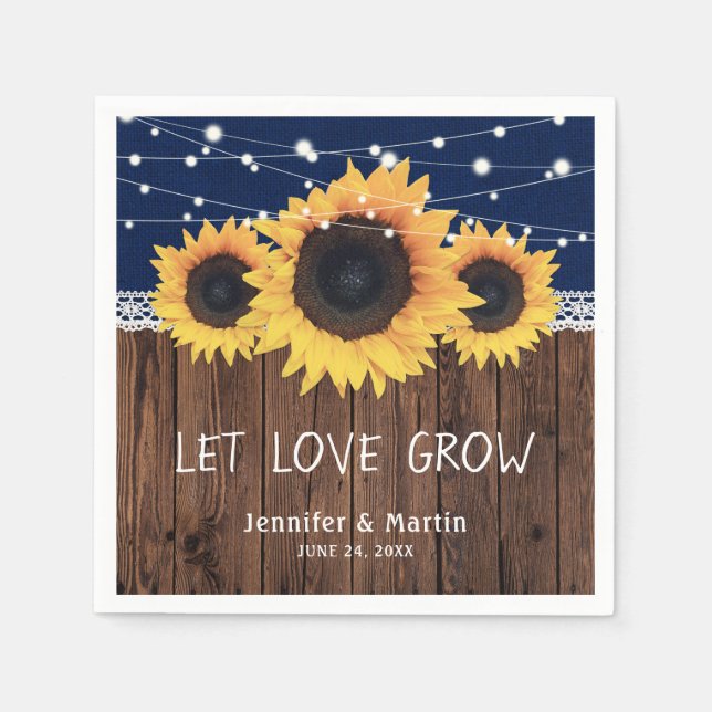 Rustic Wood Burlap Sunflower Navy Blue Wedding Napkins (Front)