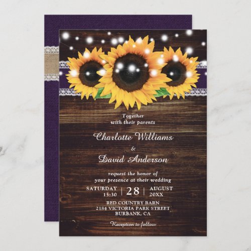 Rustic Wood Burlap Sunflower Purple Wedding Invitation