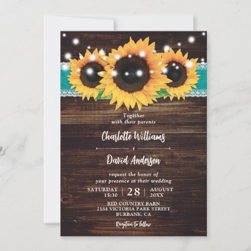 Rustic Wood Burlap Sunflower Teal Wedding Invitation