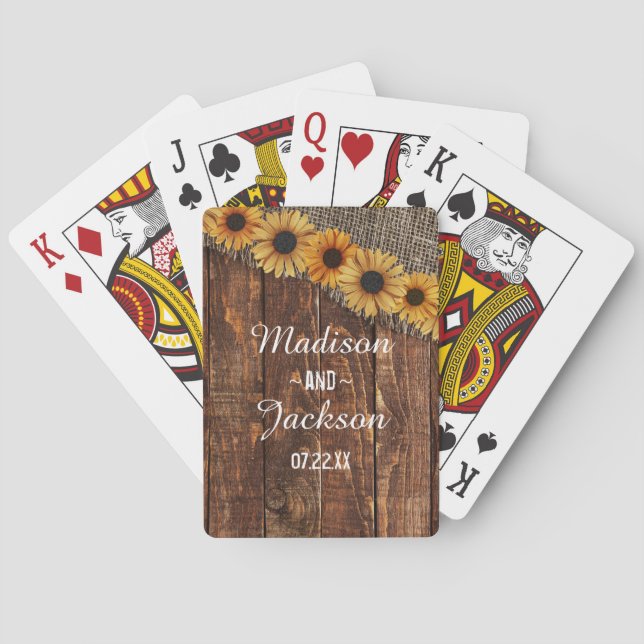 Rustic Wood & Burlap Sunflower Wedding Favor Poker Cards (Back)