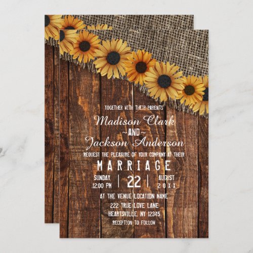 Rustic Wood  Burlap Sunflower Wedding Invitation