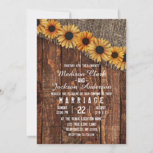 Rustic Wood & Burlap Sunflower Wedding Invitation 