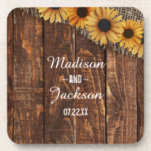 Rustic Wood & Burlap Sunflower Wedding Monogram Beverage Coaster