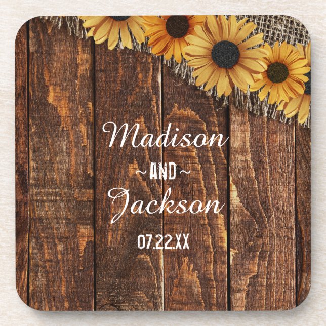 Rustic Wood & Burlap Sunflower Wedding Monogram Beverage Coaster (Front)