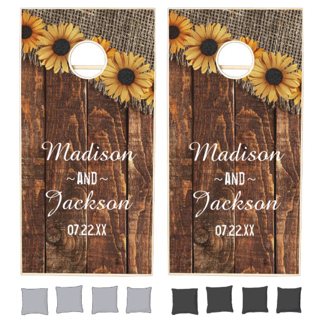 Rustic Wood & Burlap Sunflower Wedding Monogram Cornhole Set (Set)