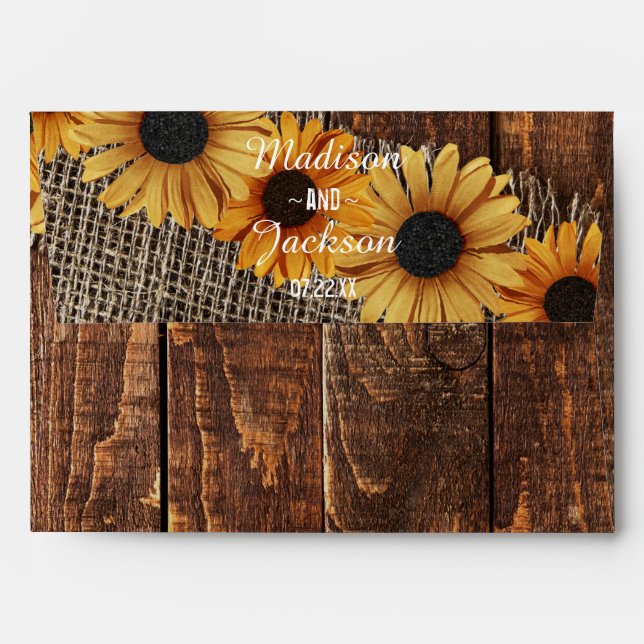 Rustic Wood & Burlap Sunflower Wedding Monogram Envelope (Back (Top Flap))