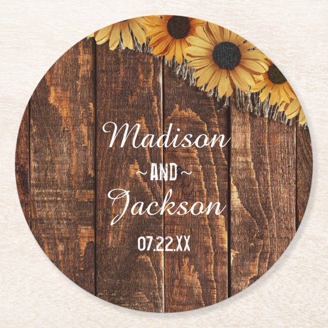 Rustic Wood & Burlap Sunflower Wedding Monogram Round Paper Coaster (Front)