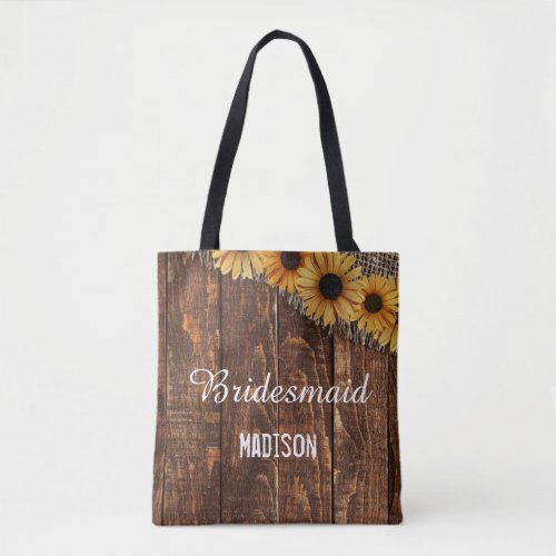 Rustic Wood  Burlap Sunflower Wedding Monogram Tote Bag