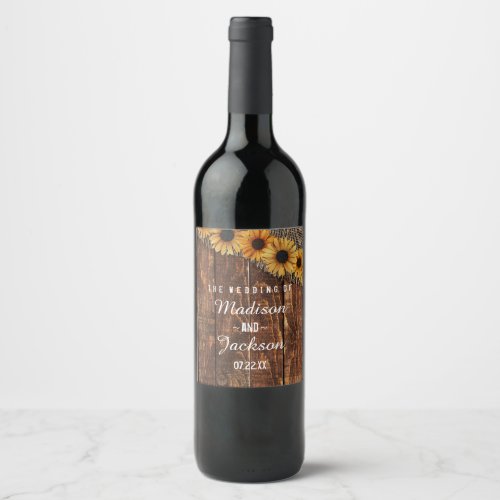 Rustic Wood  Burlap Sunflower Wedding Monogram Wine Label