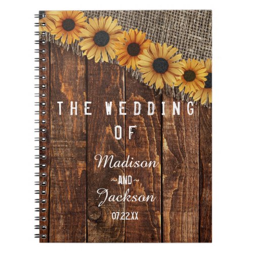 Rustic Wood  Burlap Sunflower Wedding Planner Notebook