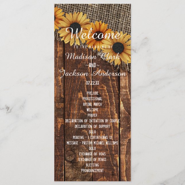 Rustic Wood & Burlap Sunflower Wedding Program (Front)