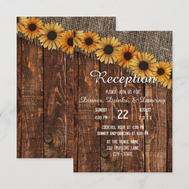 Rustic Wood & Burlap Sunflower Wedding Reception Invitation (Front/Back)