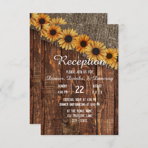 Rustic Wood  Burlap Sunflower Wedding Reception Invitation