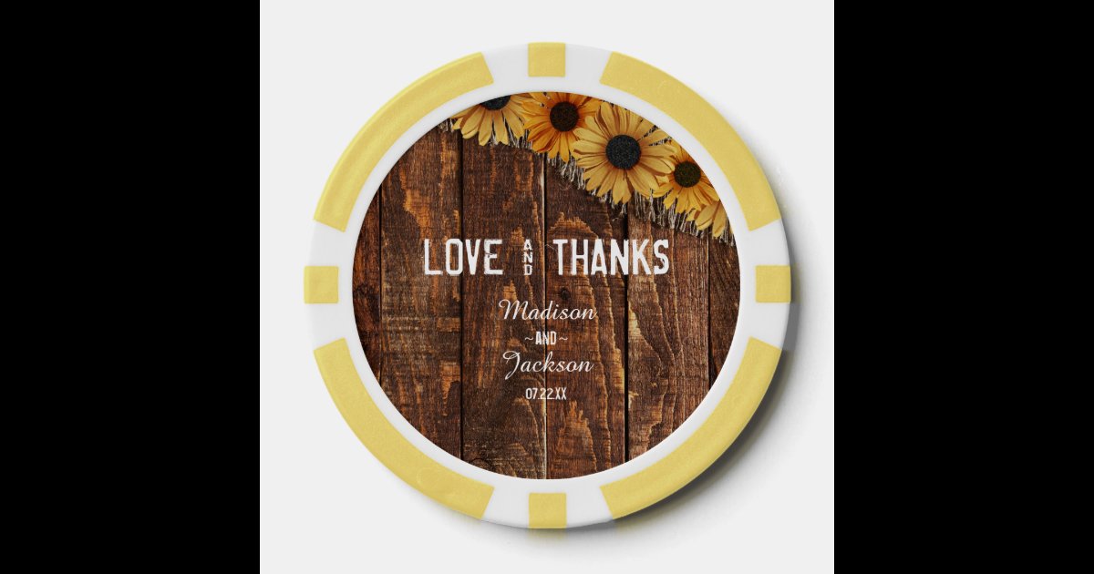 Rustic Wood & Burlap Sunflower Wedding Thank You Poker Chips | Zazzle