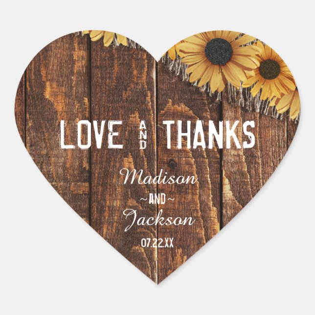 Rustic Wood & Burlap Wedding Love & Thanks Favor Heart Sticker (Front)