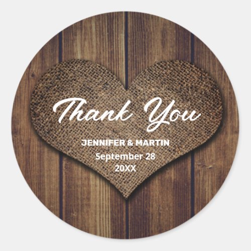 Rustic Wood Burlap Wedding Thank You Favor Classic Round Sticker