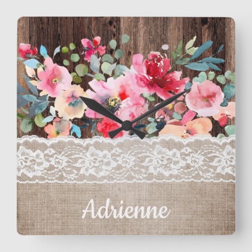 Rustic Wood Burlap White Lace Pink Floral Name Square Wall Clock
