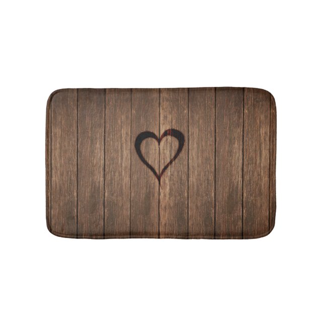 Rustic Wood Burned Heart Print Bath Mat (Front)
