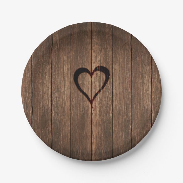 Rustic Wood Burned Heart Print Paper Plates (Front)