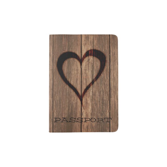 Rustic Wood Burned Heart Print Passport Holder (Front)