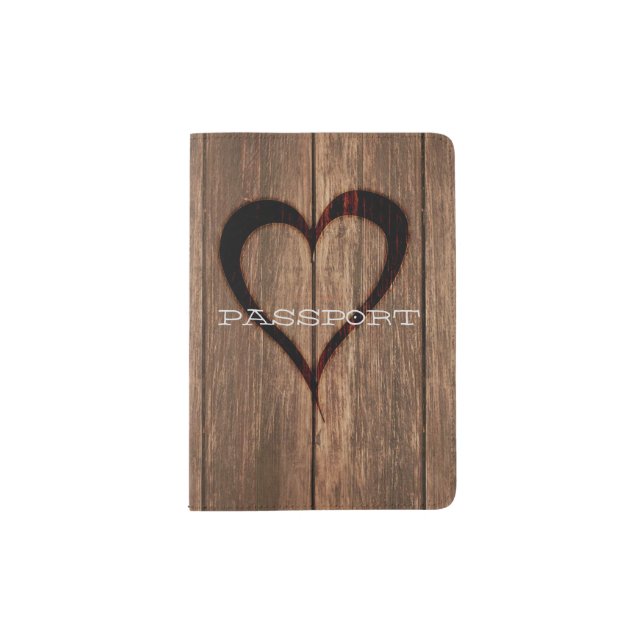 Rustic Wood Burned Heart Print Passport Holder (Front)