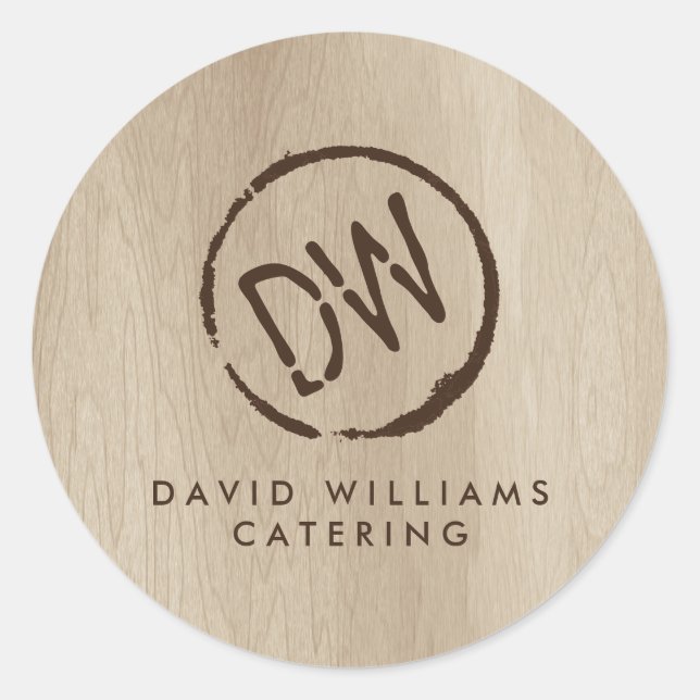 Rustic Wood-Burned Stamped Monogram Catering Classic Round Sticker (Front)