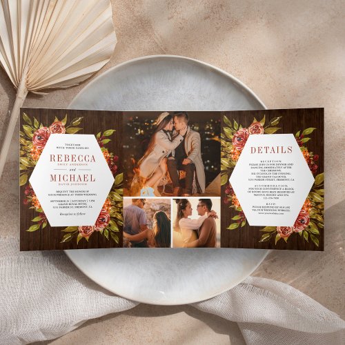 Rustic Wood Burnt Orange Floral Photo Wedding Tri_Fold Invitation