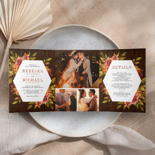 Rustic Wood Burnt Orange Floral Photo Wedding Tri-Fold Invitation