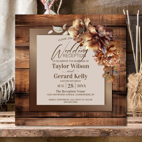 Rustic Wood Burnt Orange Floral Wedding Reception Invitation