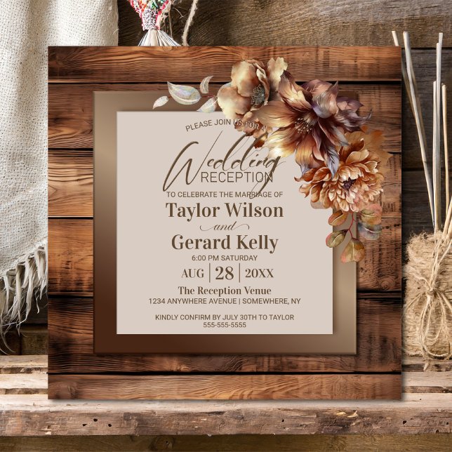 Rustic Wood Burnt Orange Floral Wedding Reception Invitation (Creator Uploaded)