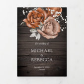 Rustic Wood Burnt Orange Rose All in One Wedding Tri-Fold Invitation (Cover)
