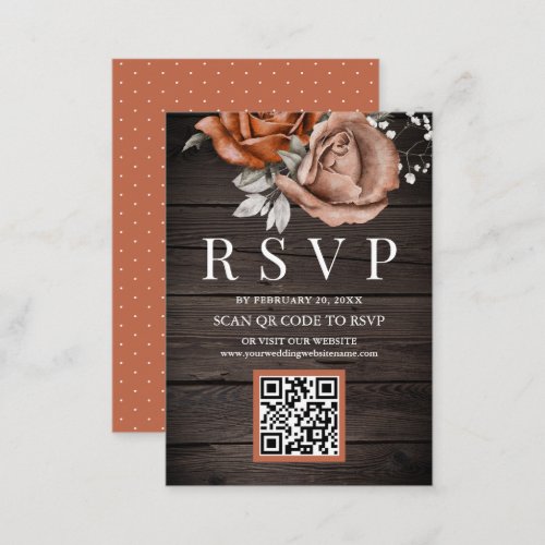 Rustic Wood Burnt Orange Rose QR Code RSVP Wedding Enclosure Card