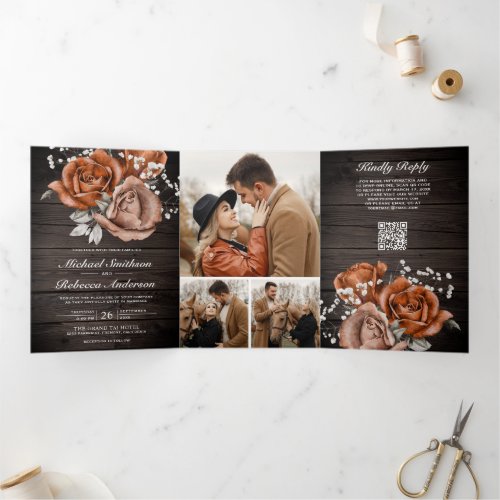 Rustic Wood Burnt Orange Rose QR Code Wedding Tri-Fold Invitation