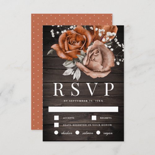 Rustic Wood Burnt Orange Rose Terracotta Wedding RSVP Card