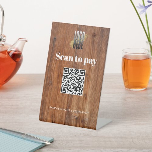 Rustic Wood Business Logo Scan to Pay  QR Code  Pedestal Sign