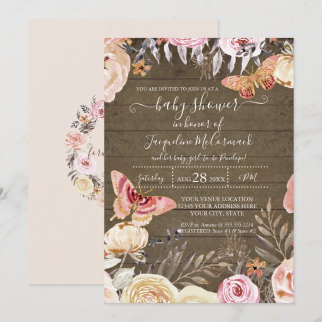 Rustic Wood Butterfly Pink Watercolor Floral Rose Invitation (Front/Back)