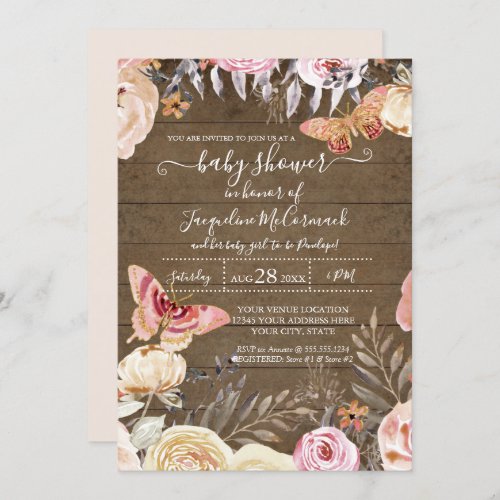 Rustic Wood Butterfly Pink Watercolor Floral Rose Invitation