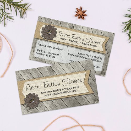 Rustic Wood Button Fabric Flower  Shabby Burlap Business Card