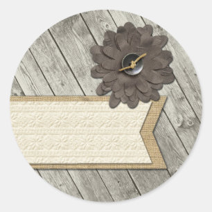 Rustic Wood Button Fabric Flower & Shabby Burlap Classic Round Sticker
