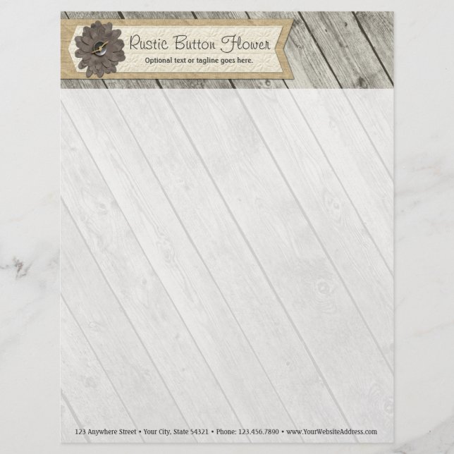 Rustic Wood Button Fabric Flower & Shabby Burlap Letterhead (Front)