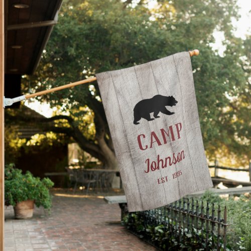 Rustic Wood Cabin Bear Family Camp House Flag